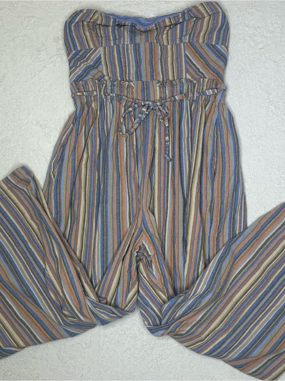 Free People Women’s L Striped Strapless Wide Leg Jumpsuit Blue Tan Pink Boho